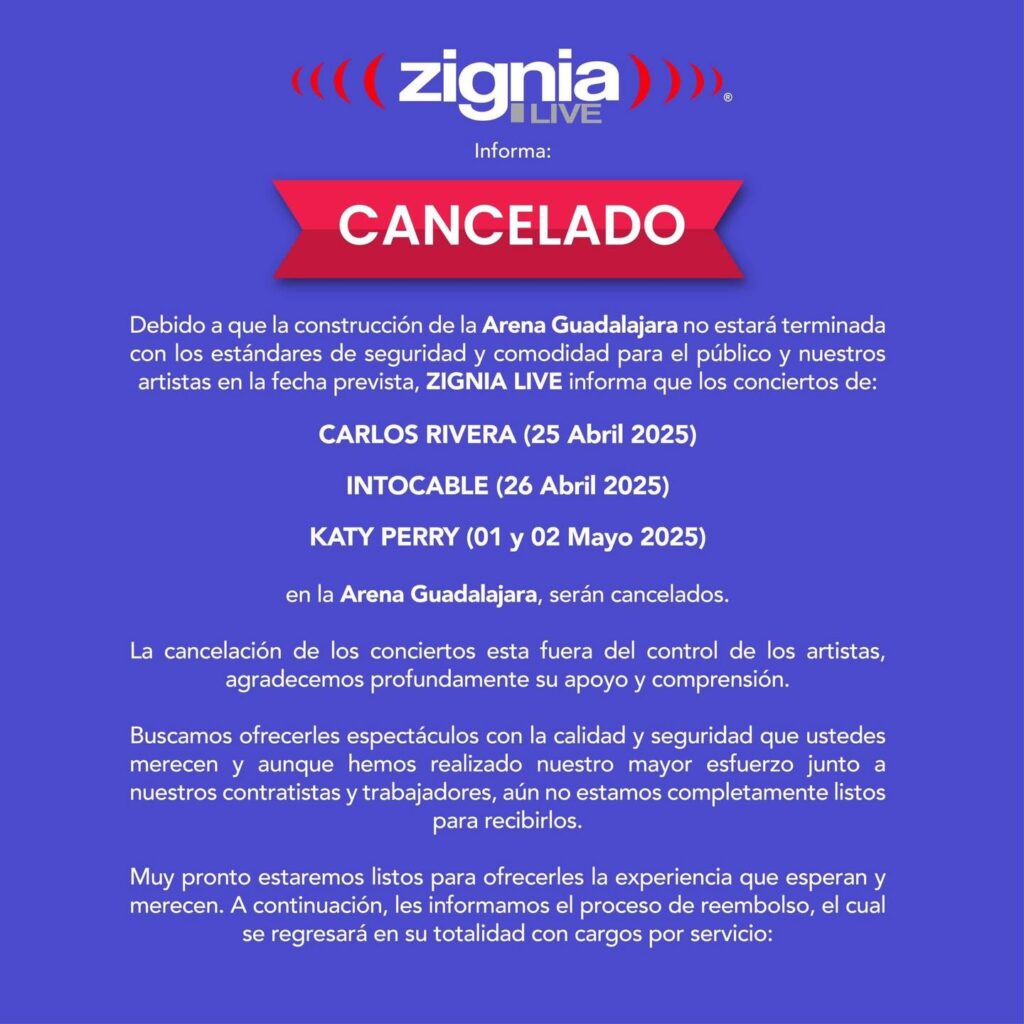 EVENTOS CANCELADOS ARENA GUADALAJARA 2025