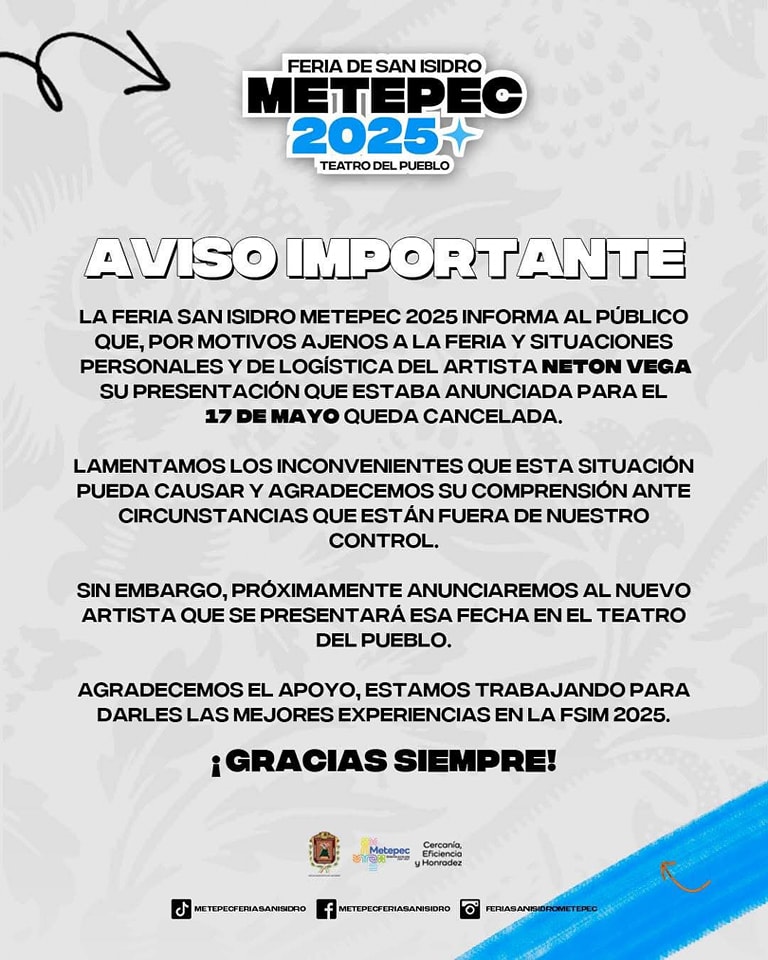 NETON VEGA EN FERIA SAN ISIDRO METEPEC 2025 CANCELADO