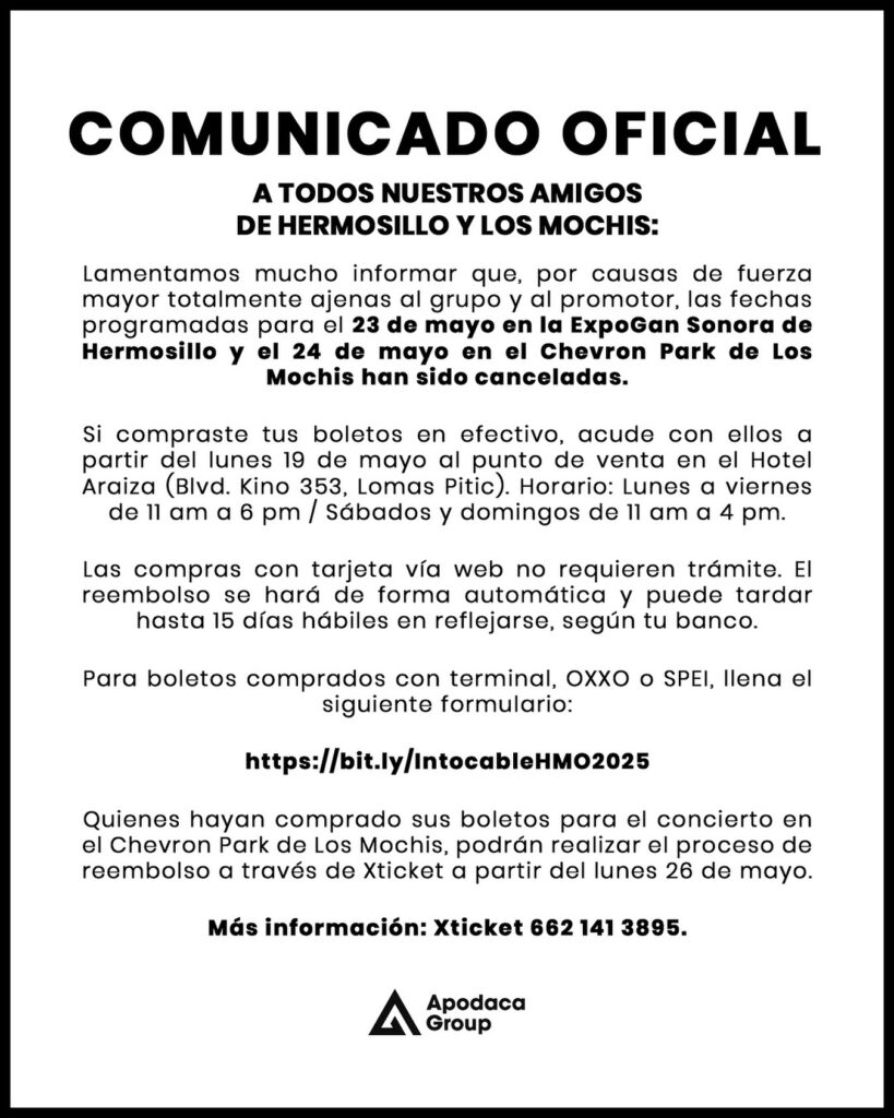 INTOCABLE EN LOS MOCHIS CHEVRON PARK 2025 EVENTO CANCELADO