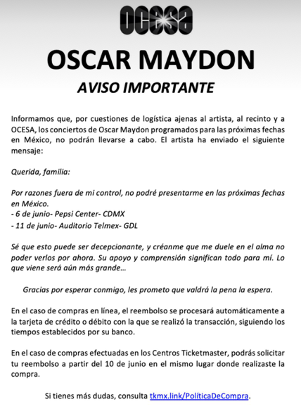 CANCELACION OSCAR MAYDON CDMX Y GUADALAJARA